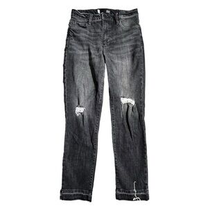 359-Black denim straight leg jeans with ripped knees #streetwear